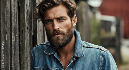 Rugged bearded man in denim jacket with rustic background