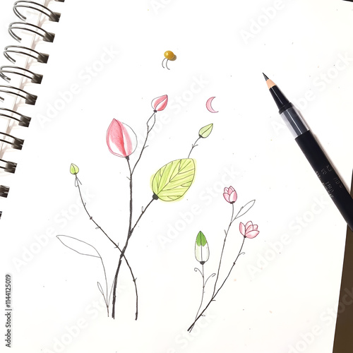 A graceful and elegant hand-drawn nature sketch in a colorful sketchnote style, featuring refined lines and details.jpg