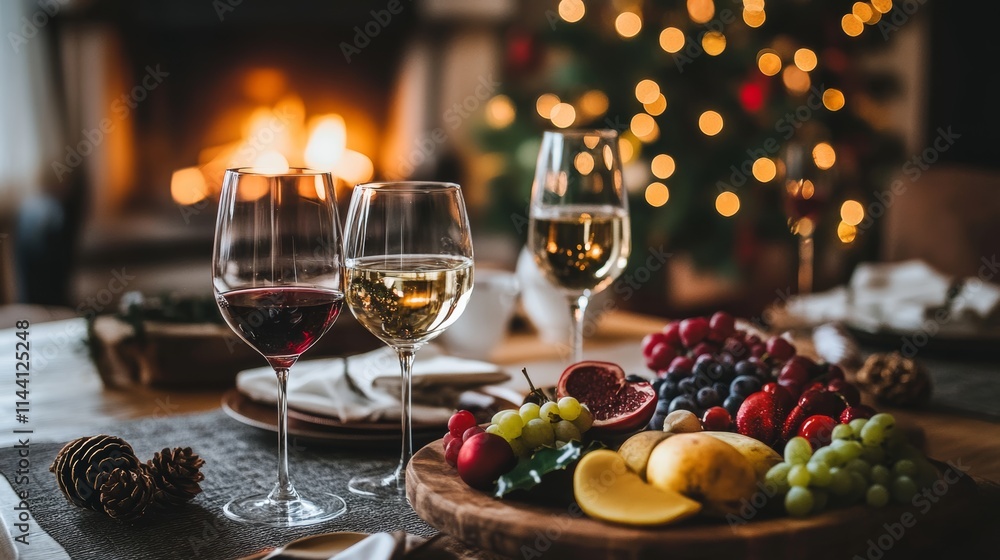 Fototapeta premium A table set for an elegant dinner with red wine, sparkling water, and a fruit platter.