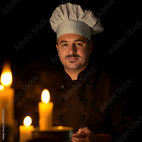 A chef, sharply defined against intense jet black, is illuminated by the warm glow of flickering candlelight, casting deep shadows.jpg