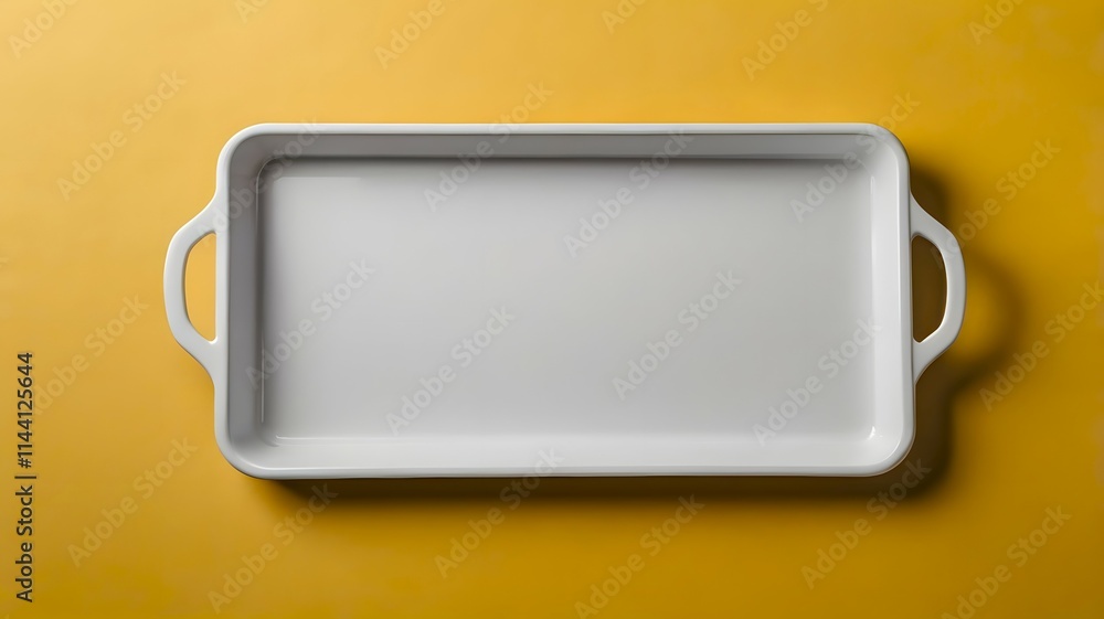Isolated empty blank white ceramic food tray mockup on yellow background, kitchen utensil object mockups presentation, top view Isolated empty blank white ceramic food tray mockup on yellow background, kitchen utensil object mockups presentation, top view