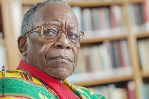 A soft and inspiring portrait of an elderly african american k historian in a library, surrounded by books on African history photo