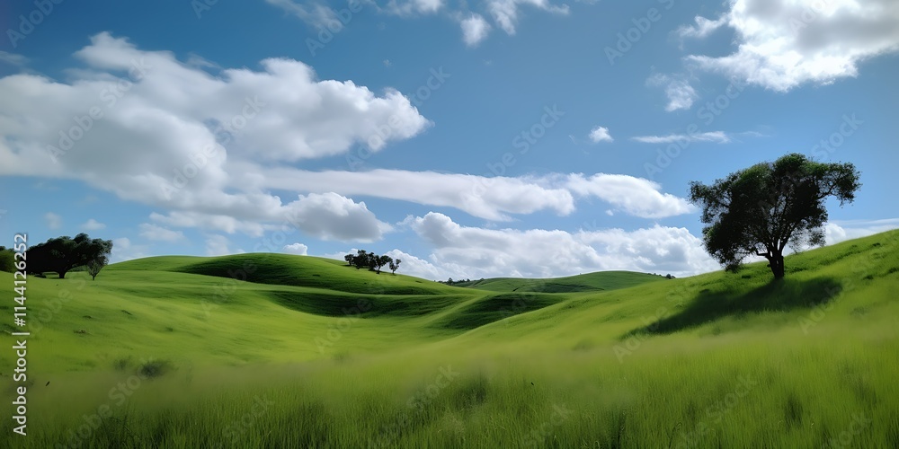 Fototapeta premium Rolling green hills under a vibrant blue sky dotted with fluffy white clouds, solitary trees dotting the landscape.