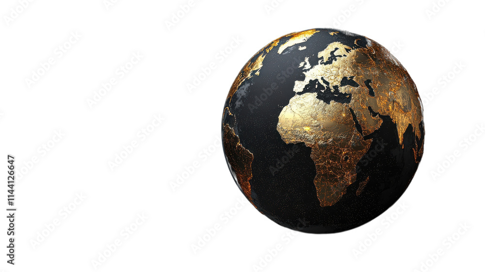 Fototapeta premium A detailed globe showcasing Africa, Europe, and the surrounding regions in a striking gold and black design on a transparent background.