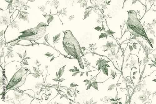 Elegant sage green birds and blooming branches seamless pattern.