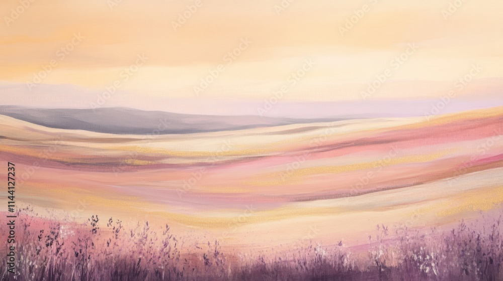 Obraz premium Delicate hues of warm rose, muted lavender, and light sand blend seamlessly into a dreamy meadow scene, evoking the soft tranquility of sunset over a peaceful countryside.