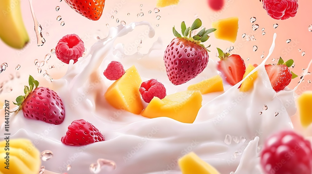 Fresh strawberries, raspberries, mango chunks splashing in creamy milk.
