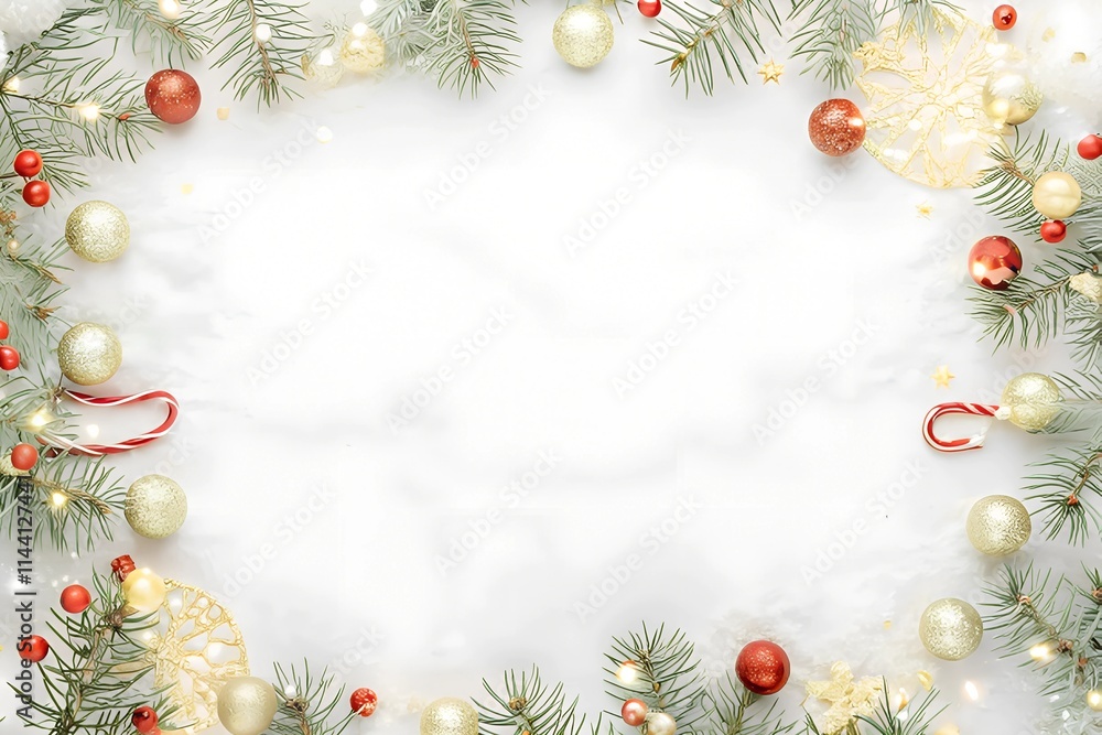 Festive Christmas Border with Ornaments and Fir Branches on White Background Festive Christmas Border with Ornaments and Fir Branches on White Background