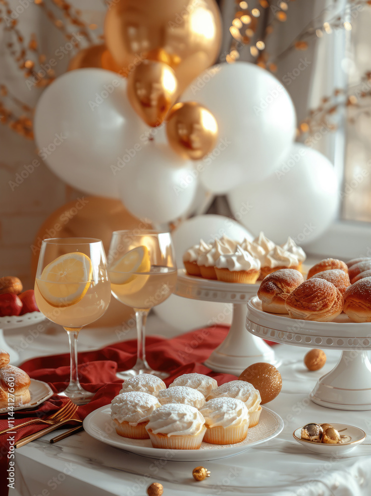 Aromatic pastries with fruits on a white marble table in the foreground. red tablecloth on the table. glasses with lemonade. golden table setting. festive atmosphere. light minimalistic background. Aromatic pastries with fruits on a white marble table in the foreground. red tablecloth on the table. glasses with lemonade. golden table setting. festive atmosphere. light minimalistic background.