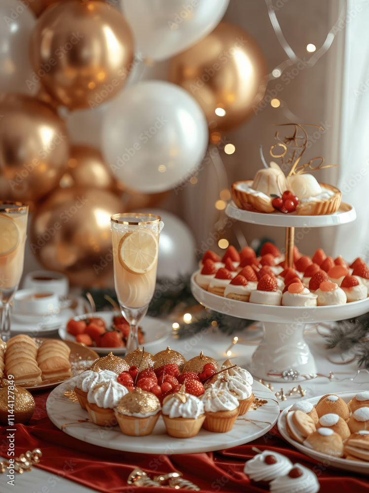 Aromatic pastries with fruits on a white marble table in the foreground. red tablecloth on the table. glasses with lemonade. golden table setting. festive atmosphere. light minimalistic background. Aromatic pastries with fruits on a white marble table in the foreground. red tablecloth on the table. glasses with lemonade. golden table setting. festive atmosphere. light minimalistic background.