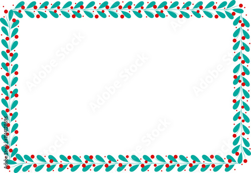 Rectangular Frame Or Wreath With Green Leaves And Red Cherry Berries