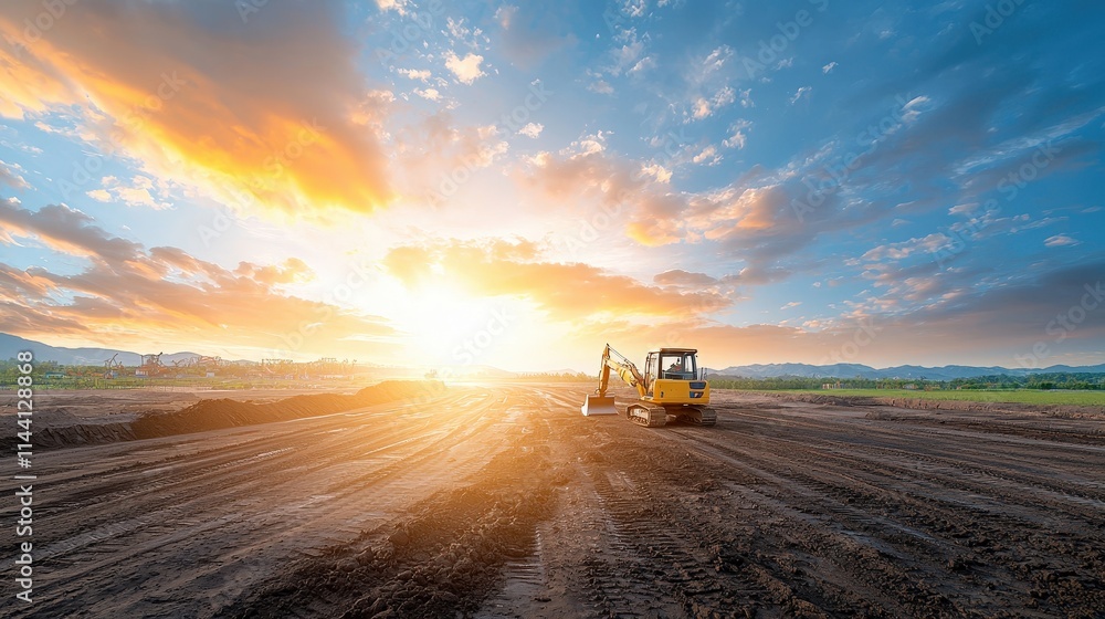 Fototapeta premium Excavator at Sunrise on Construction Site with Clouds