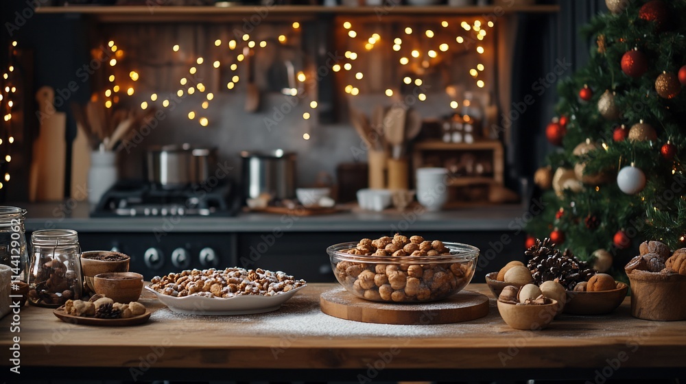 Naklejka premium Christmas cookies and nuts on kitchen counter.