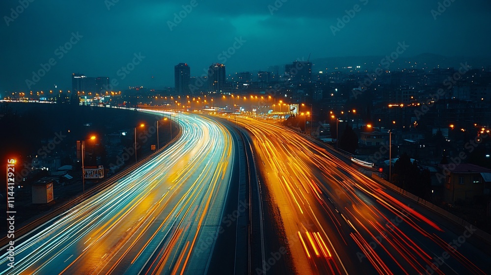 A long exposure shot of a highway at night, with vibrant light trails from speeding cars creating a dynamic, flowing energy on the road. A long exposure shot of a highway at night, with vibrant light trails from speeding cars creating a dynamic, flowing energy on the road.