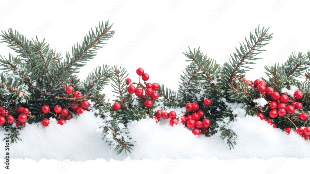 Christmas border with pine branches red berries and snow flat lay Christmas border with pine branches red berries and snow flat lay