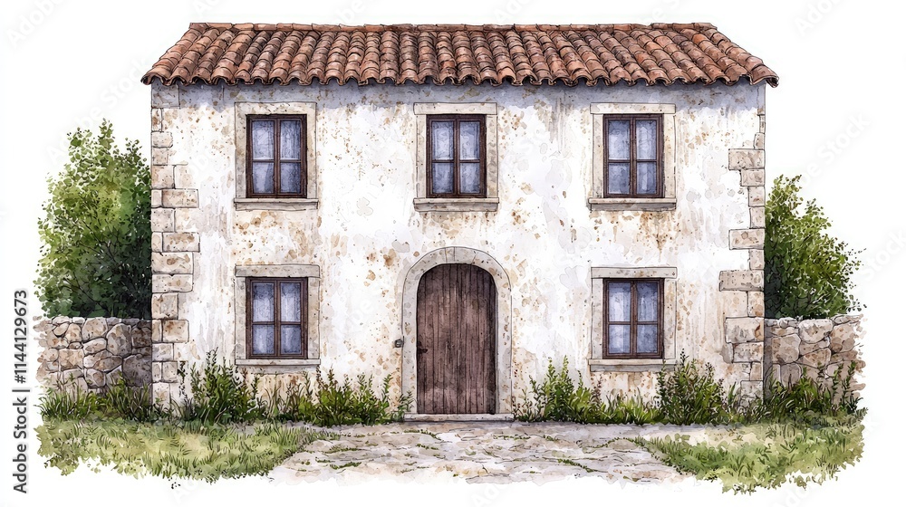 Rustic Mediterranean house, aged stucco walls, terracotta roof, stone wall. Rustic Mediterranean house, aged stucco walls, terracotta roof, stone wall.