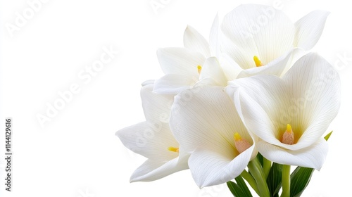 Close-up of elegant white calla lilies bouquet isolated on white background.