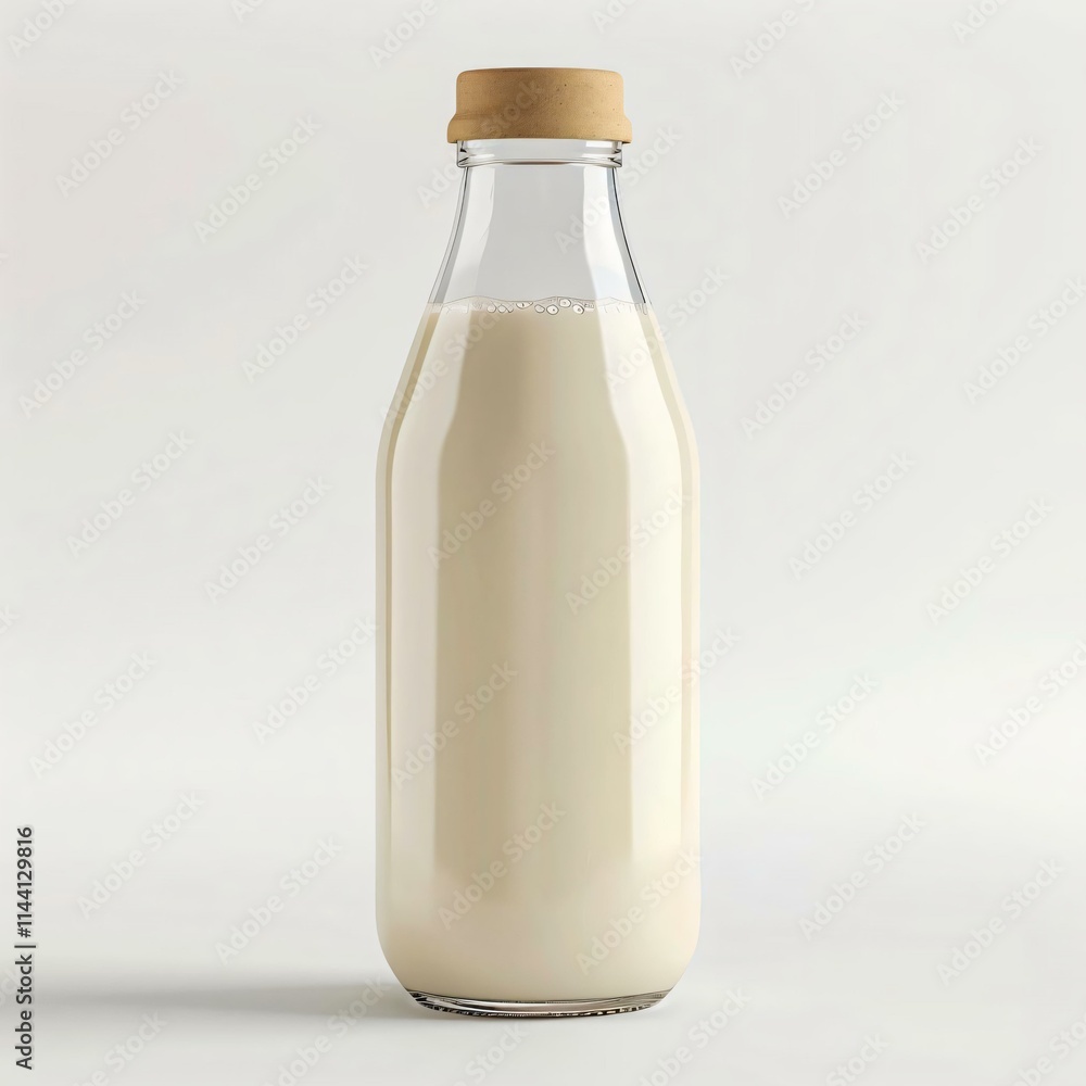 Clear glass bottle filled creamy liquid stands flat surface against plain light background Clear glass bottle filled creamy liquid stands flat surface against plain light background