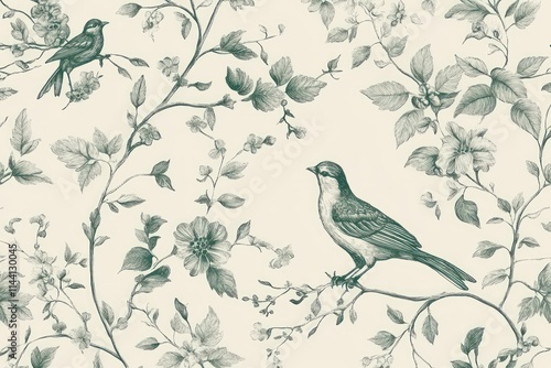 Elegant teal birds and floral seamless pattern.