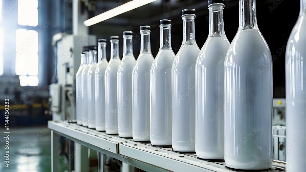 White plastic bottles jar with red caps aligned in row, beverage container modern industrial packaging & manufacturing processes company White plastic bottles jar with red caps aligned in row, beverage container modern industrial packaging & manufacturing processes company