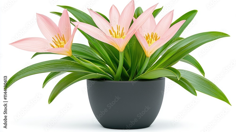 Pink flowers in a dark gray pot on white background. Pink flowers in a dark gray pot on white background.