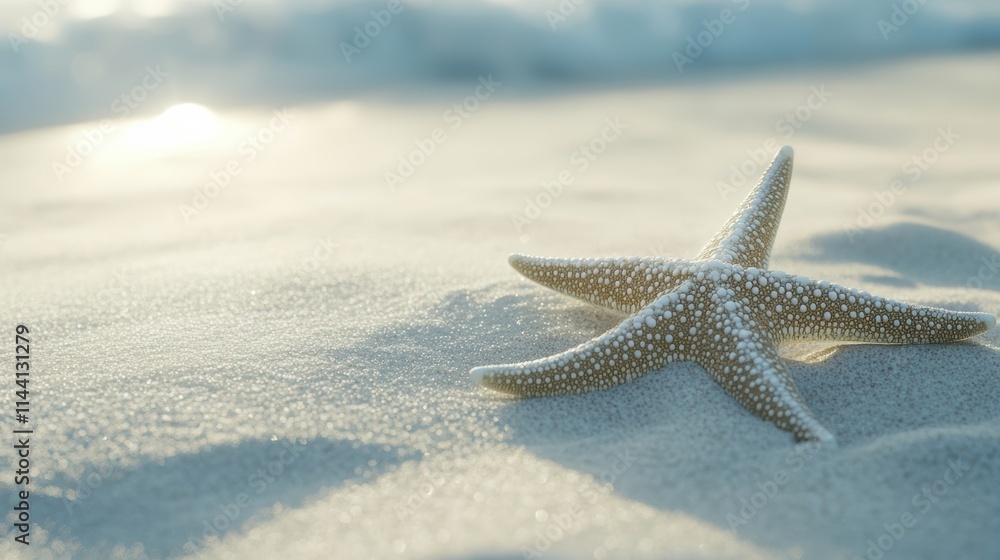 Christmas starfish ornament on sandy beach with ocean background Christmas starfish ornament on sandy beach with ocean background