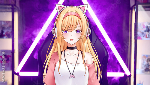 Cute 2D anime girl vtuber on gaming chair interact with viewers from pink room