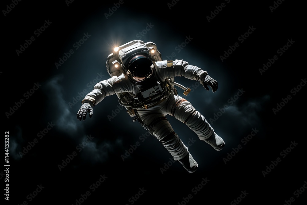Fototapeta premium Astronaut floating in space, dark background, illuminated suit.