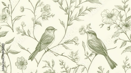 Seamless pattern with birds and flowers in sage green.