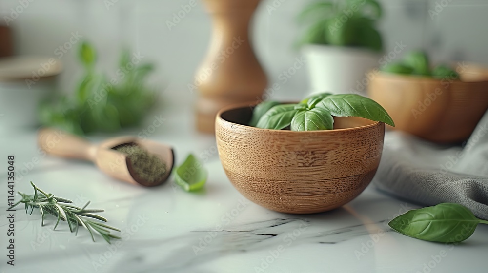 Fresh basil plant in a wooden bowl with herbs and spices on a marble surface. Fresh basil plant in a wooden bowl with herbs and spices on a marble surface.