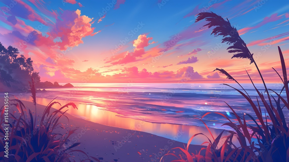 anime wallpaper of sunset over a tranquil beach scene, perfect for relaxation.
