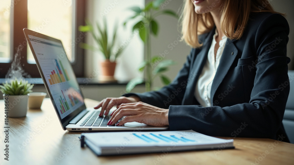 Professional woman analyzing business data on laptop: Perfect for corporate presentations and workplace productivity Professional woman analyzing business data on laptop: Perfect for corporate presentations and workplace productivity