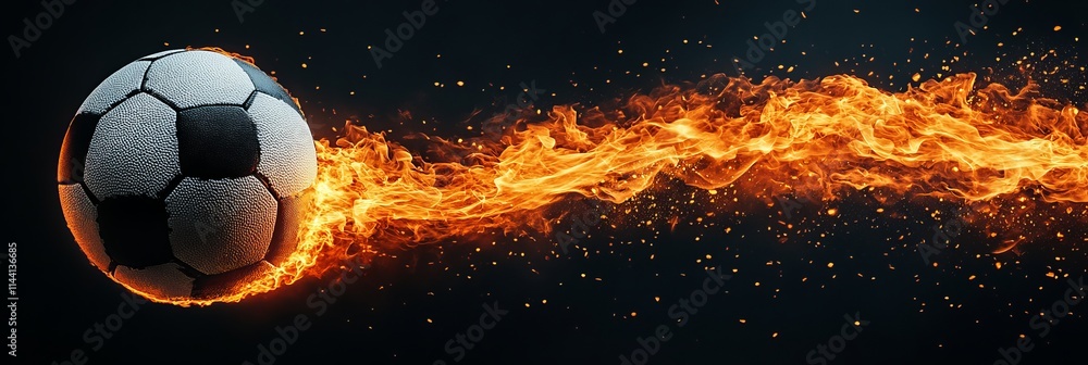Fototapeta premium Fiery Soccer Ball In Motion Classic Black And White Design Engulfed In Flames On Dark Background