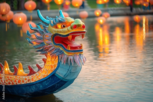 Vibrant Dragon Boat on a Calm River with Lanterns Lighting the Scene. photo