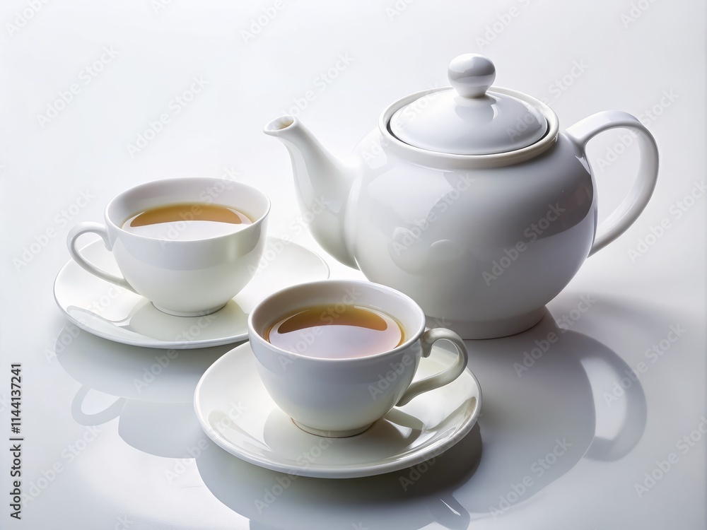 Bird's Eye View: White Tea Set - Two Cups, One Teapot, Isolated Bird's Eye View: White Tea Set - Two Cups, One Teapot, Isolated