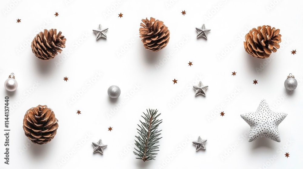 Festive Christmas Flat Lay Pine Cones, Silver Stars, and Ornaments on White Background Festive Christmas Flat Lay Pine Cones, Silver Stars, and Ornaments on White Background
