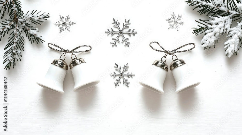 Elegant White Porcelain Bells with Silver Accents and Snowy Pine Branches - Christmas Decoration Elegant White Porcelain Bells with Silver Accents and Snowy Pine Branches - Christmas Decoration