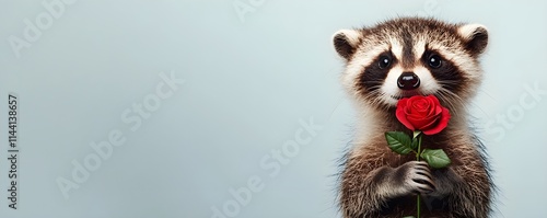 A charming raccoon holding a red rose against a light background.