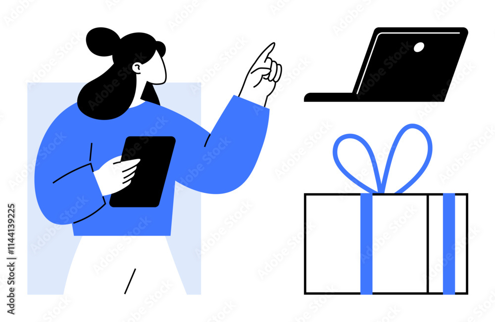 Woman with tablet pointing towards laptop, beside a gift-wrapped box. Ideal for online shopping, e-learning, digital communication, gift-giving, holiday sales, tech usage marketing. Line metaphor Woman with tablet pointing towards laptop, beside a gift-wrapped box. Ideal for online shopping, e-learning, digital communication, gift-giving, holiday sales, tech usage marketing. Line metaphor