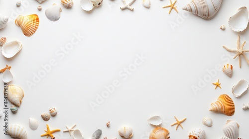 Sea Shells and Starfish on White Background