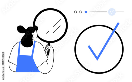 Woman holding magnifying glass looking at large checkmark. Ideal for quality assurance, validation, inspection, approval, review processes, compliance, feedback loops. Line metaphor