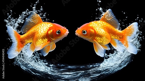 Two golden fish leaping, water splash, black background.