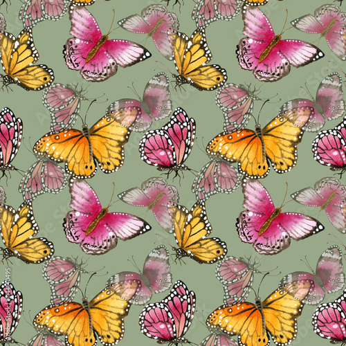 Watercolor pink butterflies seamless pattern Hand painted illustration with summer elements for textile or wallpaper with garden designs