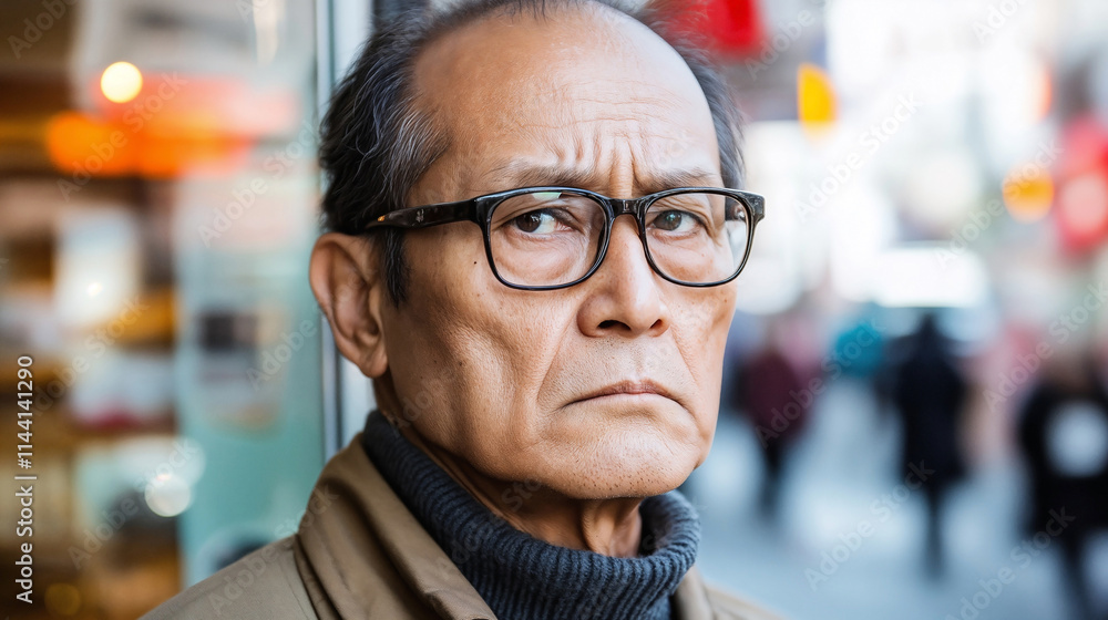 Portrait of a thoughtful Asian man wearing glasses in a busy urban setting Portrait of a thoughtful Asian man wearing glasses in a busy urban setting
