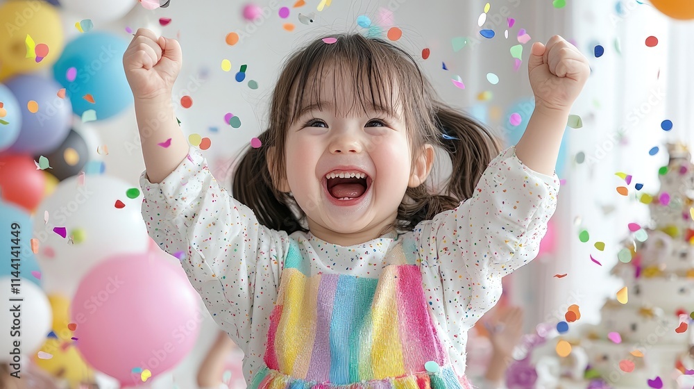 Joyful toddler girl celebrating with confetti and balloons. Joyful toddler girl celebrating with confetti and balloons.