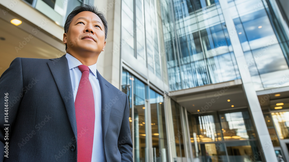 Fototapeta premium Professional Asian man stands confidently in modern urban setting during daytime