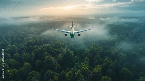 Sustainable aviation: a green plane flying high against a backdrop of lush trees, representing eco-friendly air transport and nature conservation.