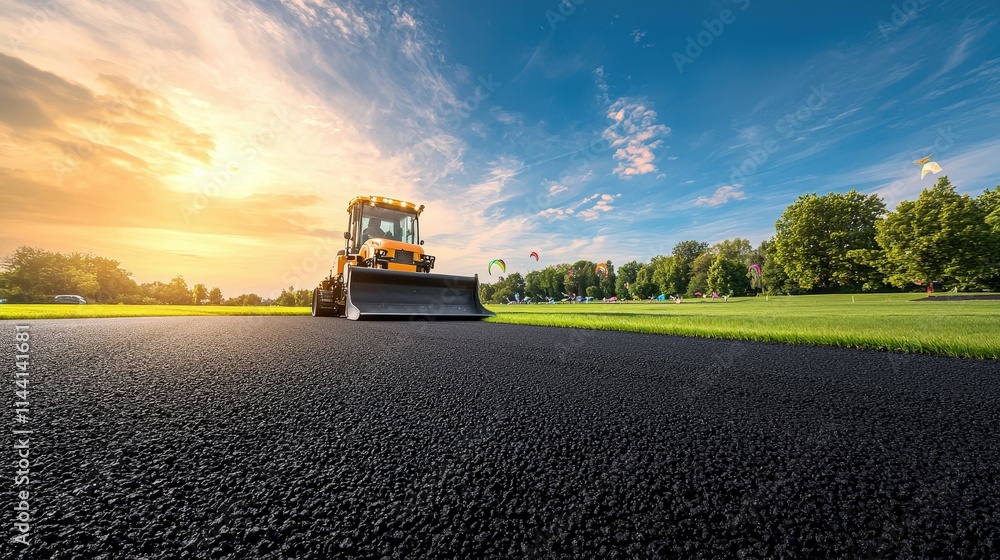 Fototapeta premium Heavy Machinery at Work on Fresh Asphalt Surface