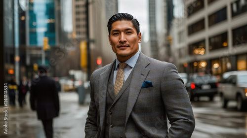 Wallpaper Mural Confident asian man in professional attire standing on urban street during rainy day Torontodigital.ca