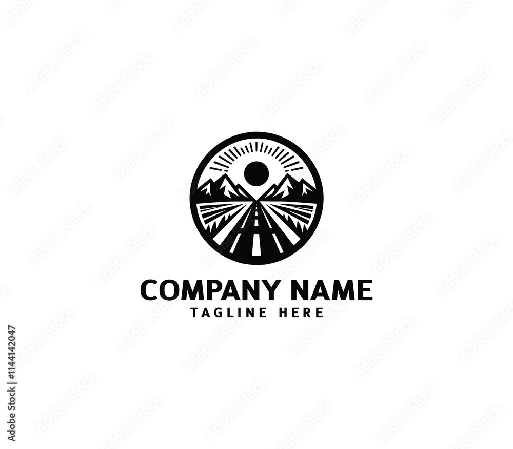 Vector road logo design. Curving tarred road and highway. Outside tree, mountain, building, sun logo Vector road logo design. Curving tarred road and highway. Outside tree, mountain, building, sun logo